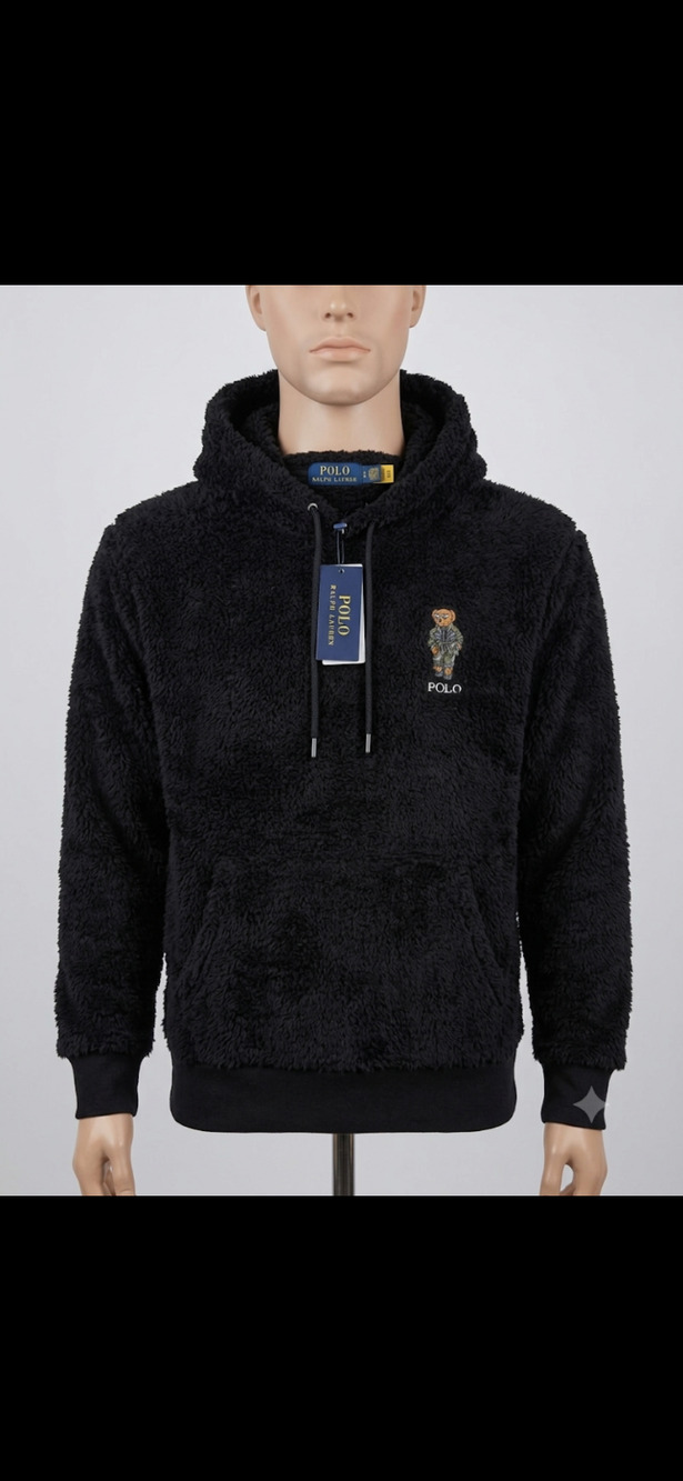 NWT Polo Ralph Lauren Bear Fleece Sherpa Hoodie Black Men's Size Large